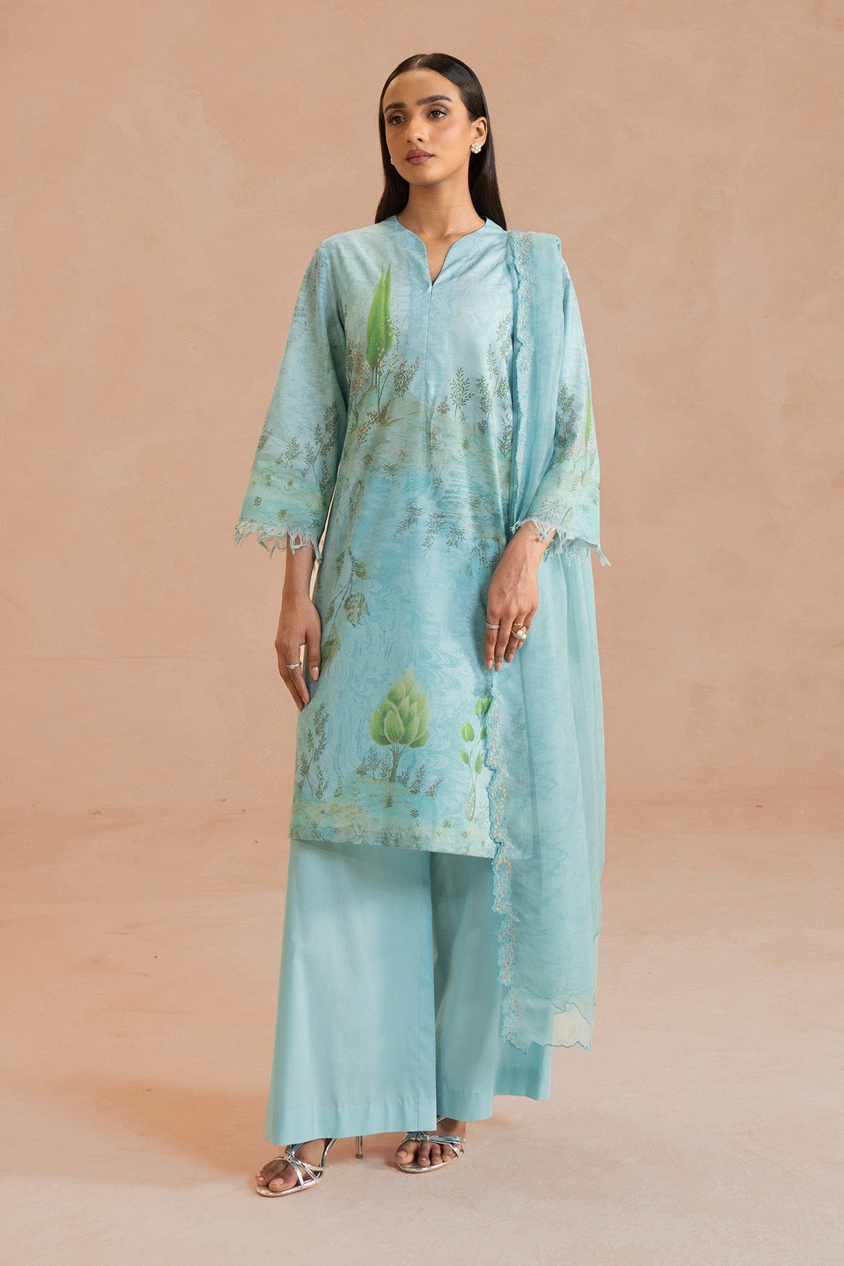 3 Piece - Printed & Embroidered Suit - MC1826