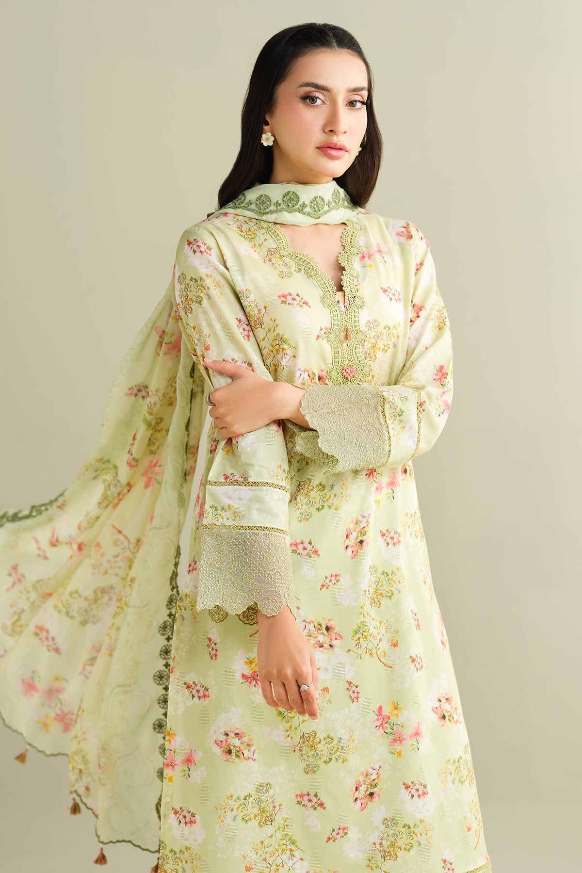 3 Piece - Printed Embroidered Suit - C6184