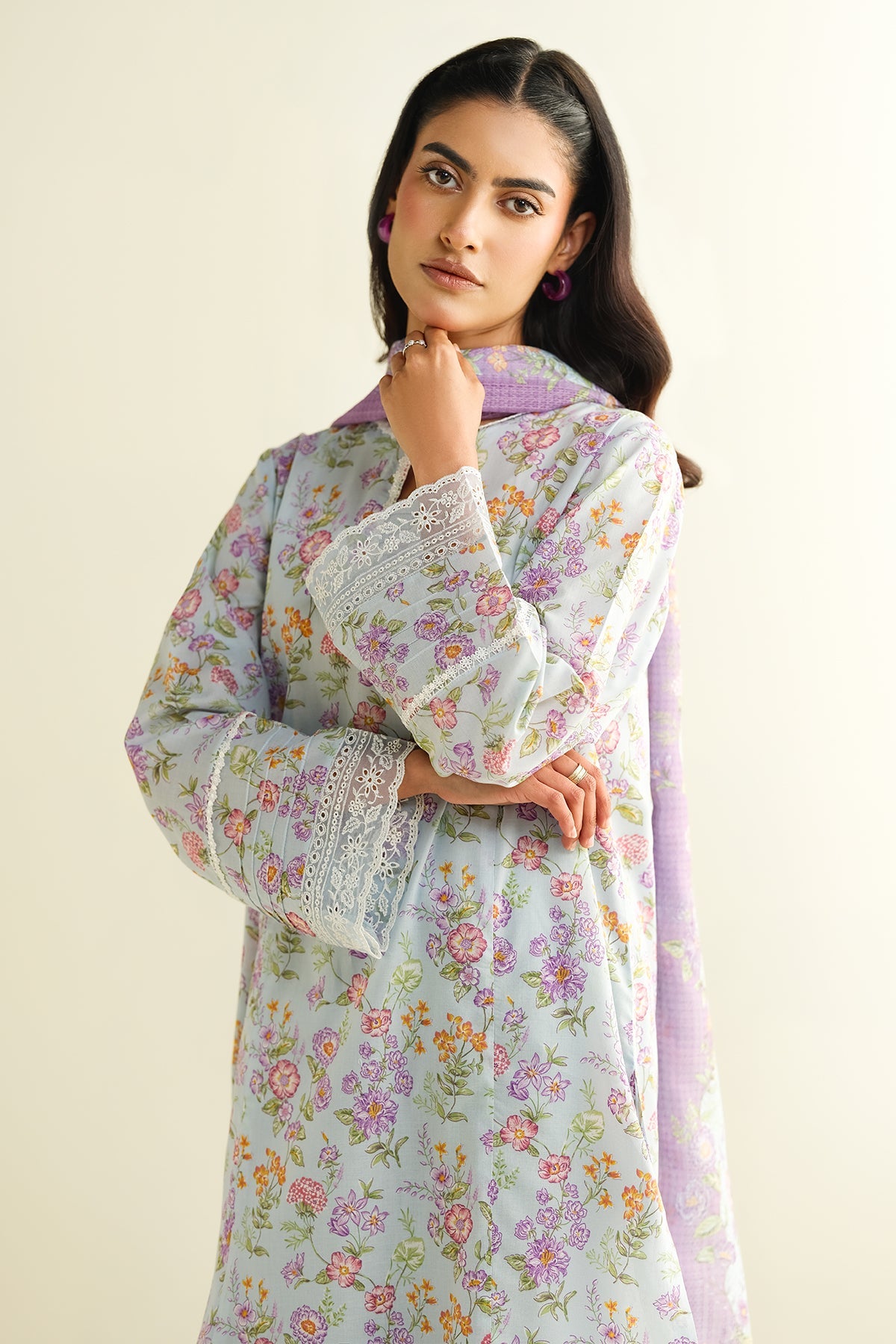 3 Piece - Printed Embroidered Suit - C6132