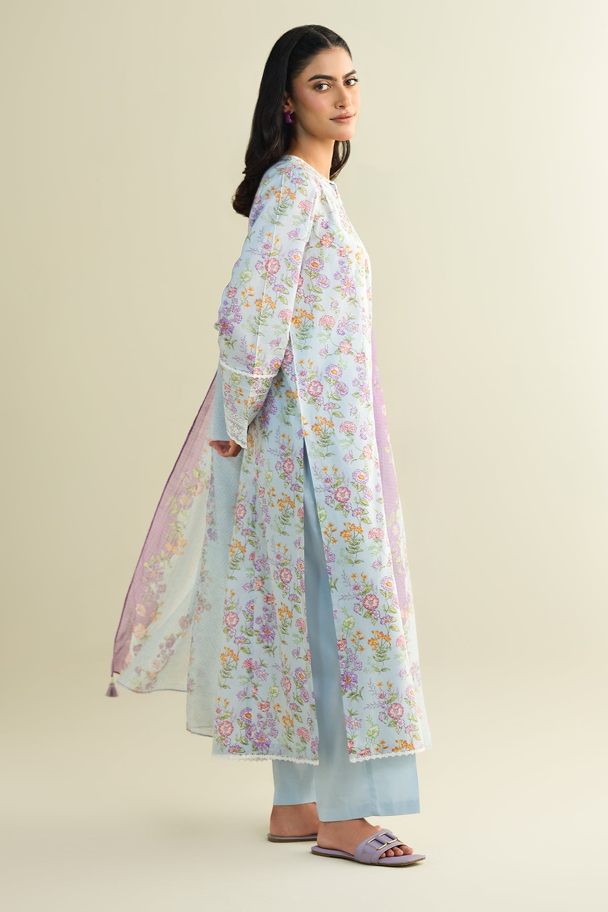 3 Piece - Printed Embroidered Suit - C6132
