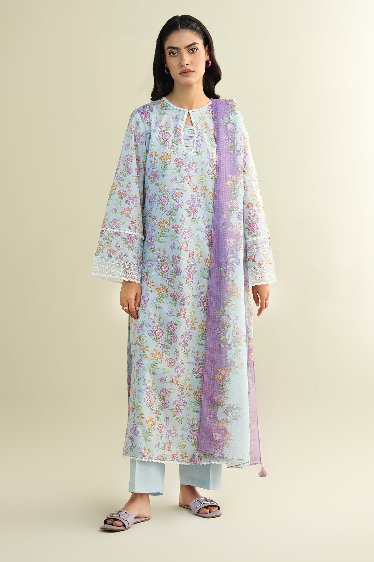 3 Piece - Printed Embroidered Suit - C6132