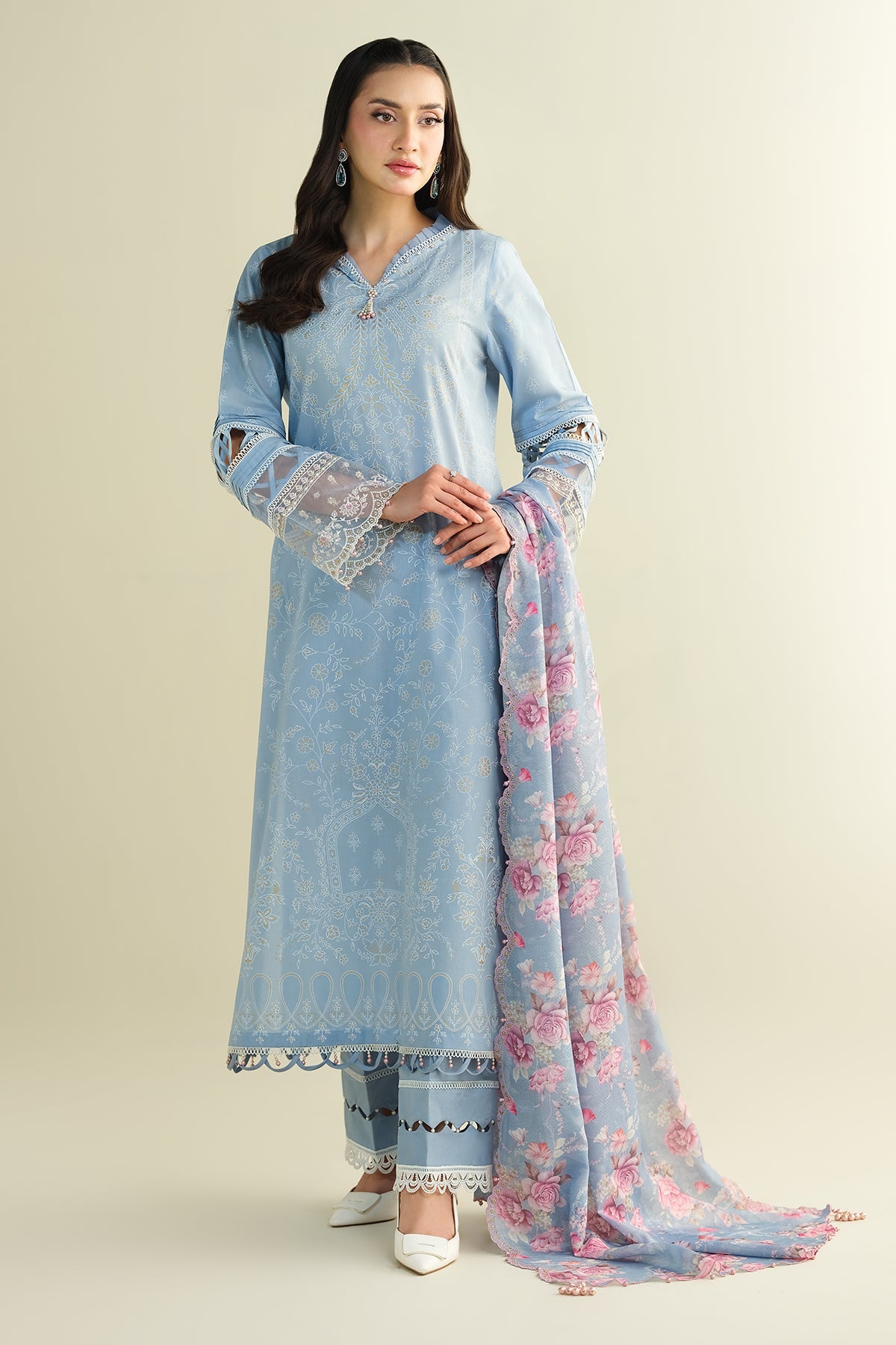 3 Piece - Printed Embroidered Suit - C6130