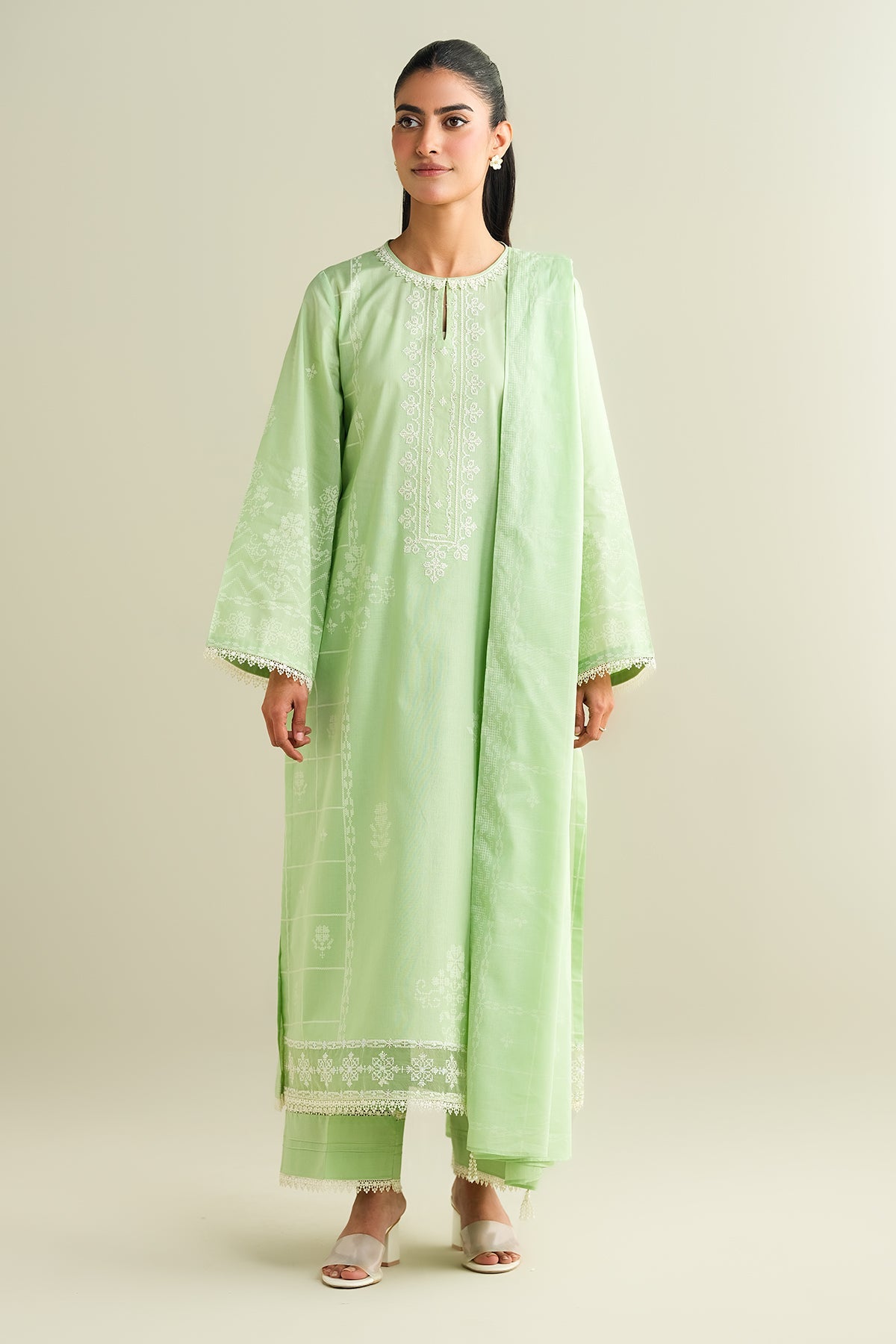 3 Piece - Printed Embroidered Suit - C6137