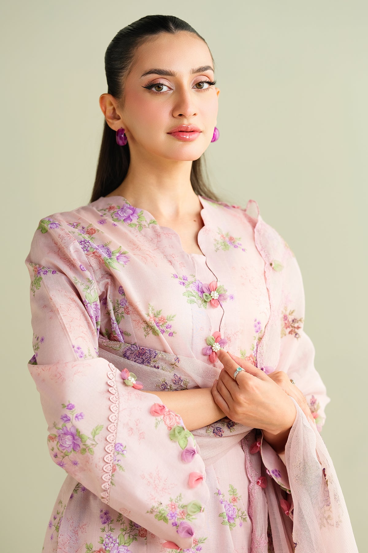 3 Piece - Printed Embroidered Suit - C6155