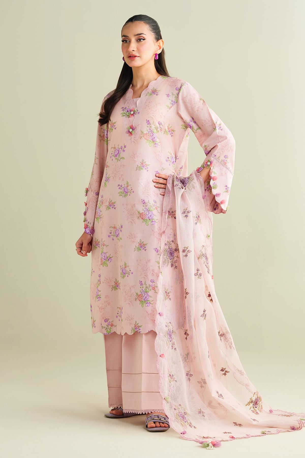 3 Piece - Printed Embroidered Suit - C6155