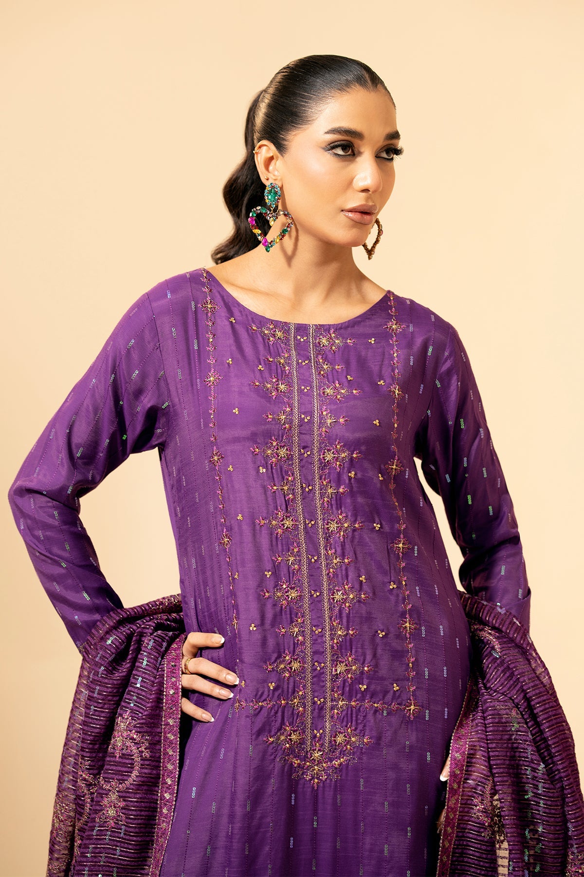 3 Piece - Embroidered Embellished Suit - E1437