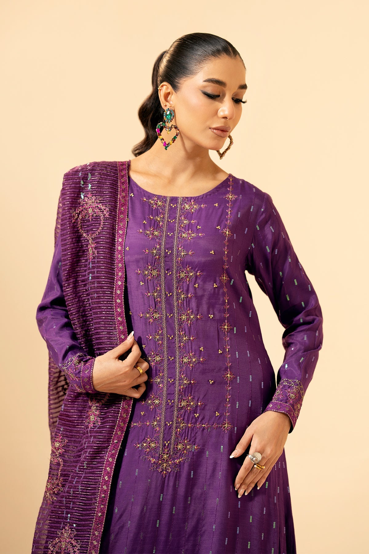 3 Piece - Embroidered Embellished Suit - E1437