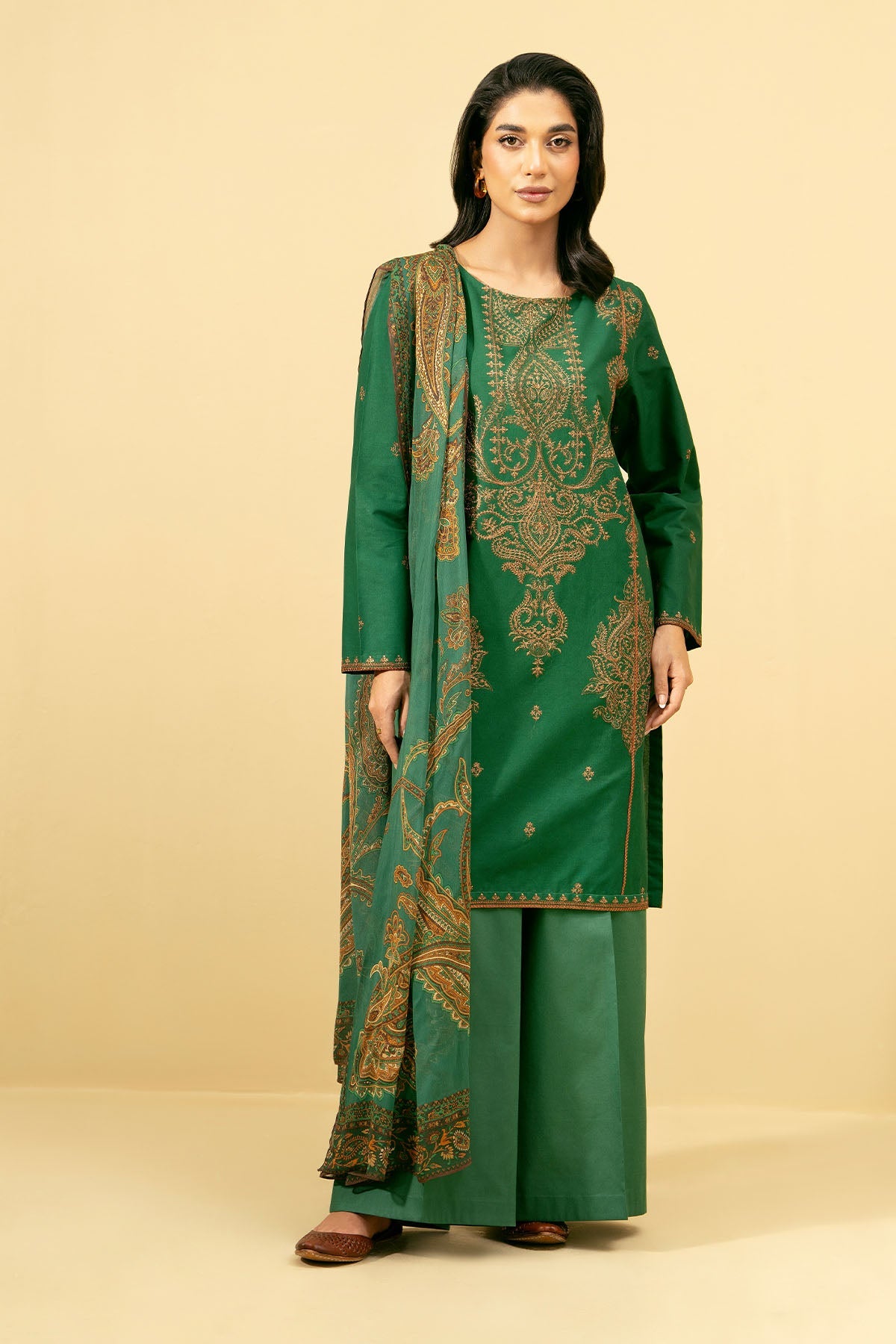 3 Piece - Printed Embroidered Suit - C5854