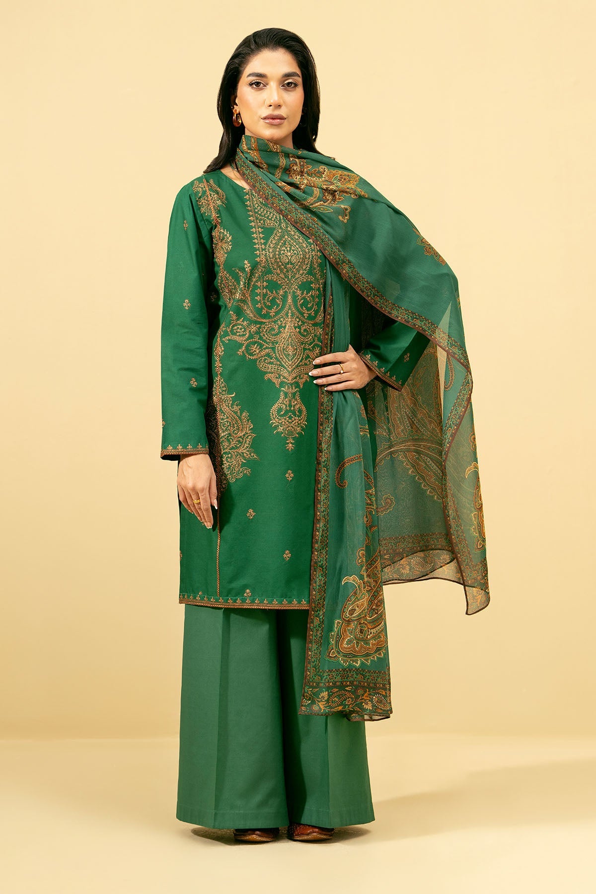 3 Piece - Printed Embroidered Suit - C5854