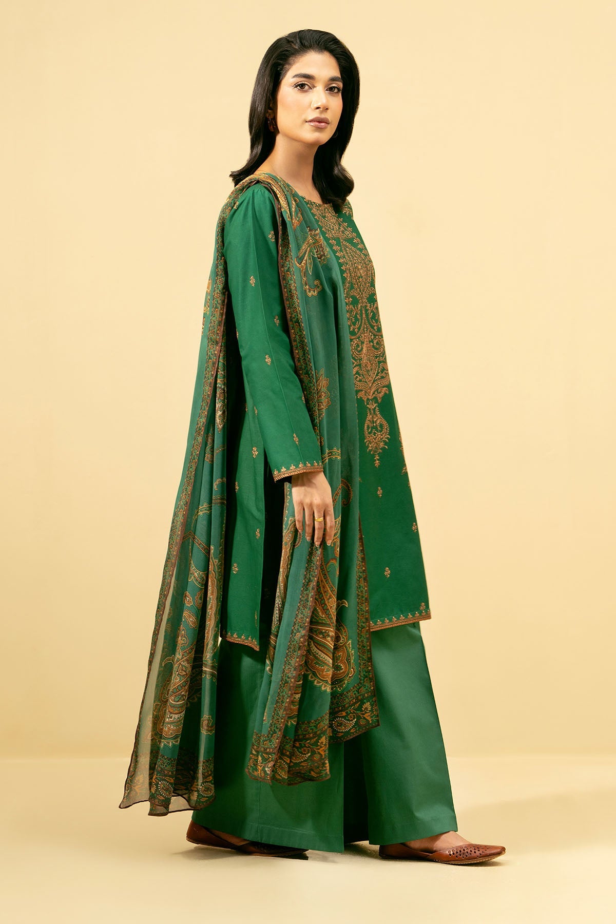 3 Piece - Printed Embroidered Suit - C5854