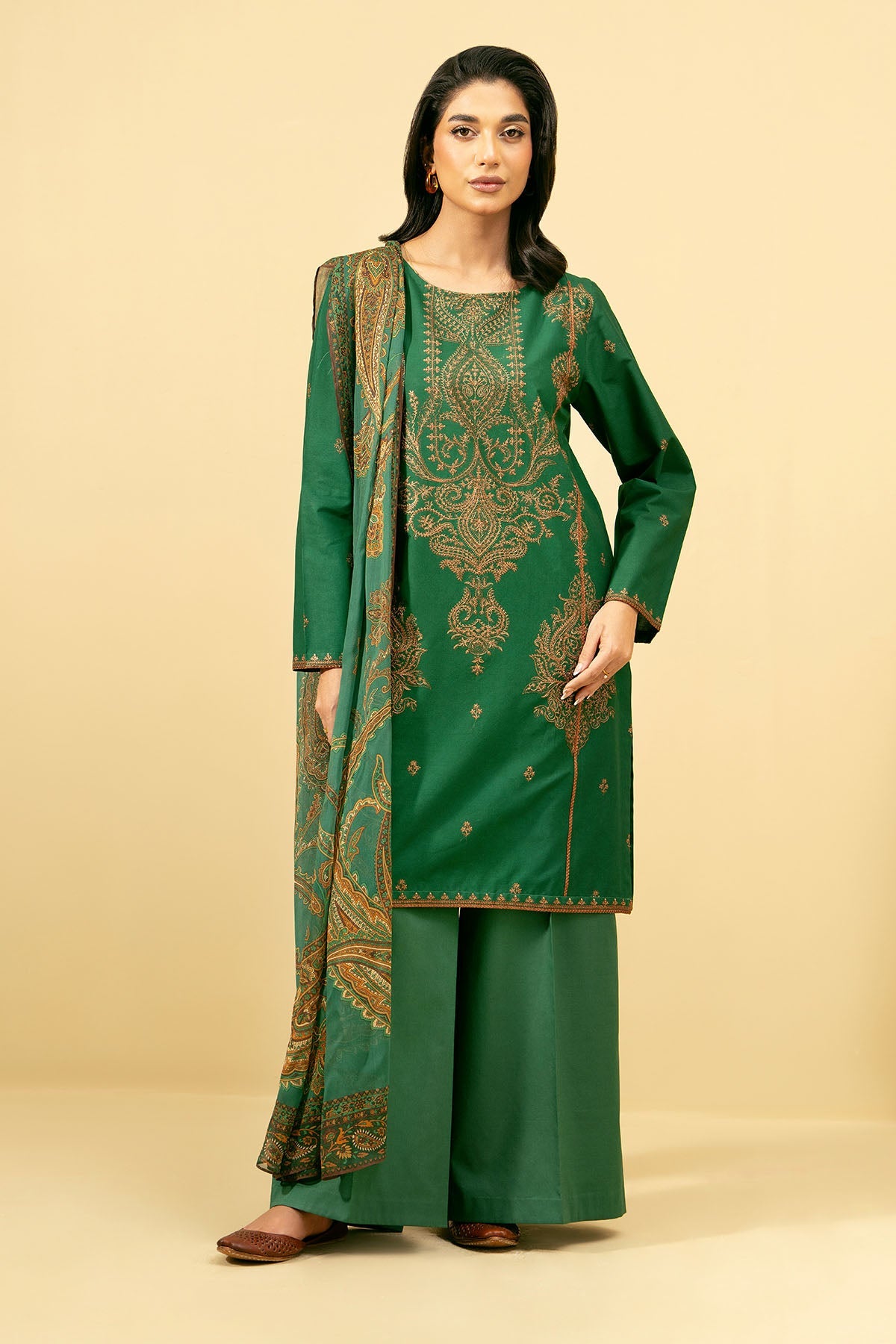 3 Piece - Printed Embroidered Suit - C5854