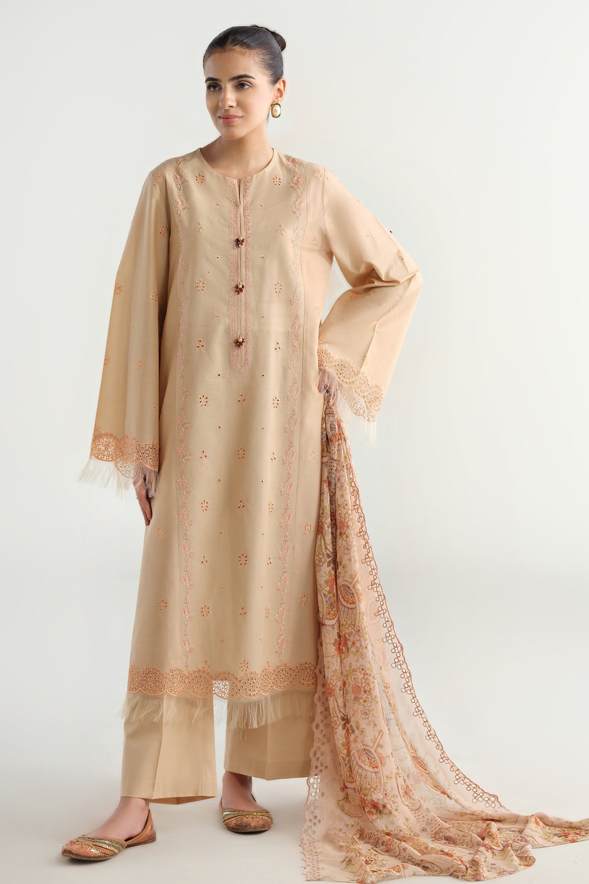 3 Piece - Printed & Embroidered Suit - C6166