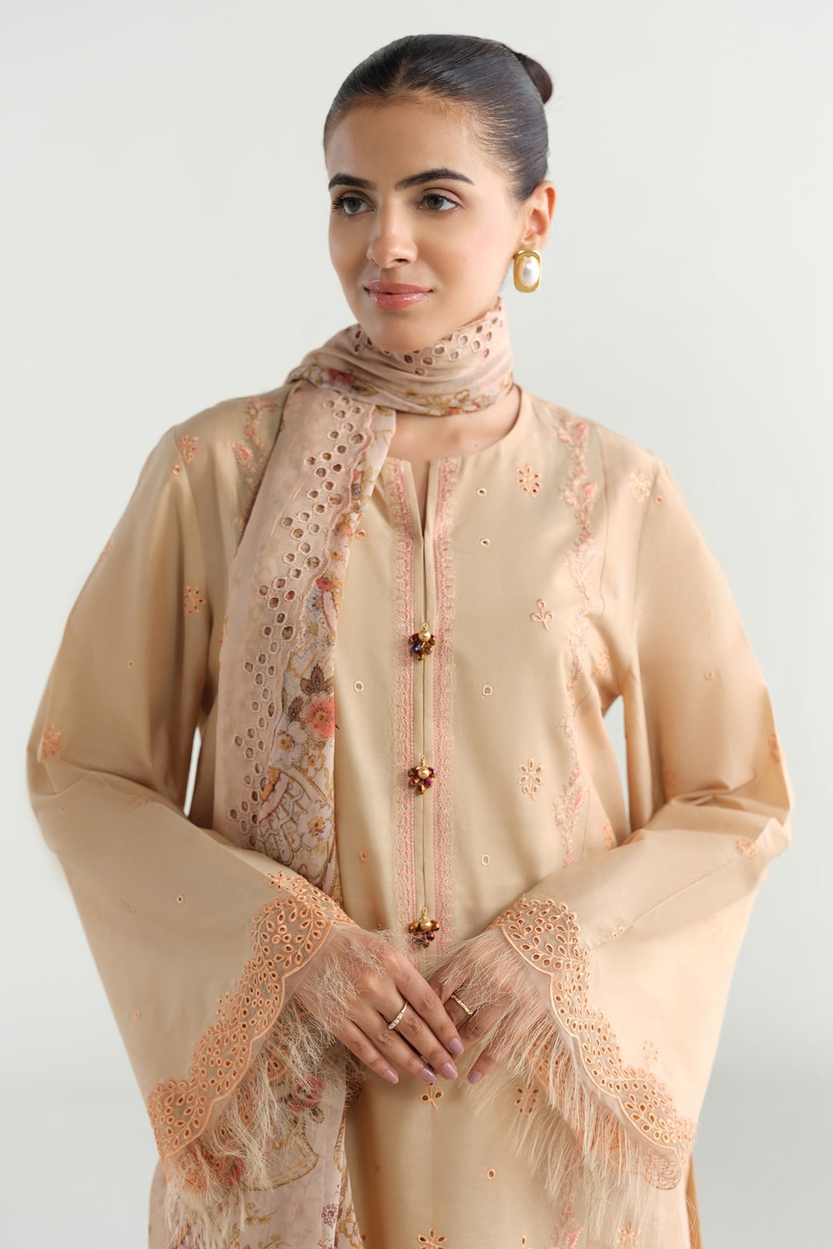 3 Piece - Printed & Embroidered Suit - C6166