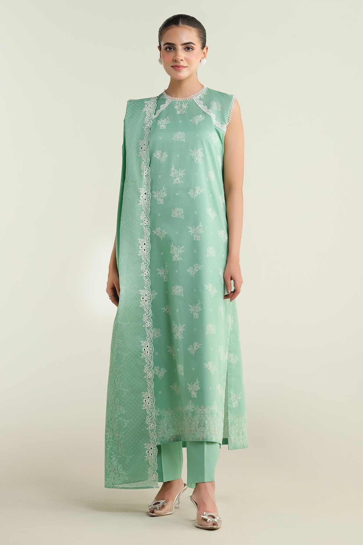 3 Piece - Printed & Embroidered Suit - C6216