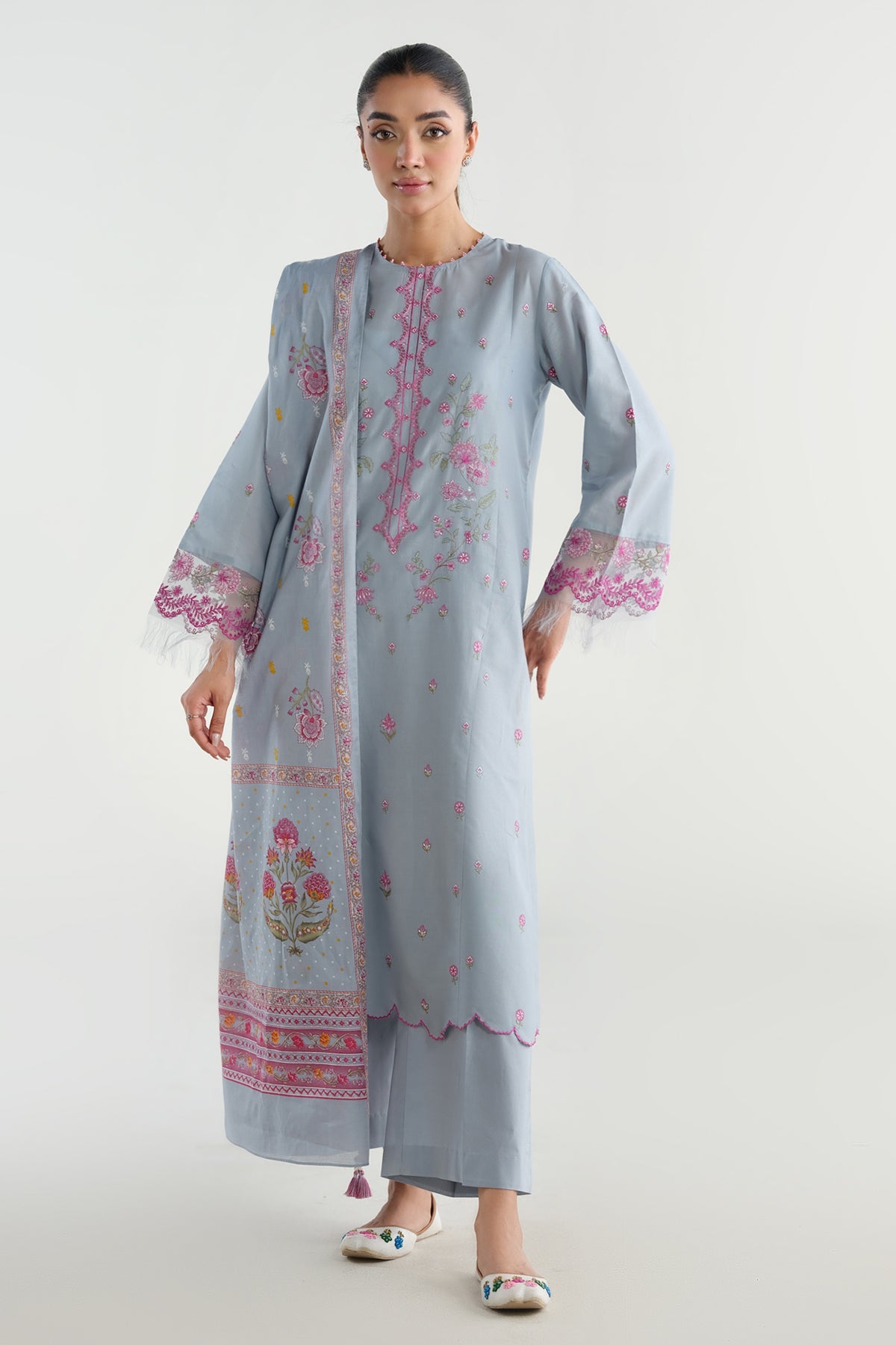 3 Piece - Printed & Embroidered Suit - C6217