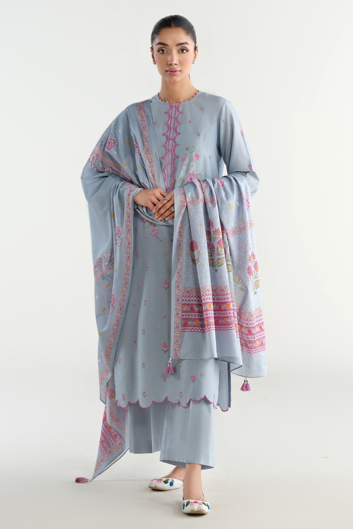 3 Piece - Printed & Embroidered Suit - C6217