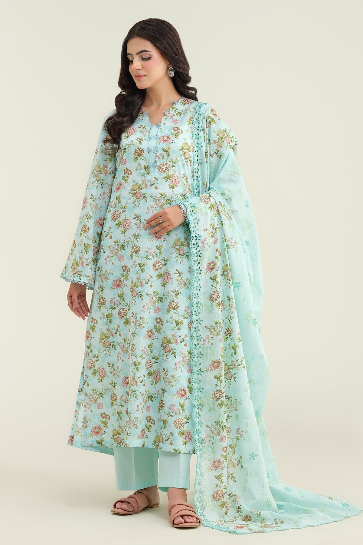3 Piece - Printed Embroidered Suit - C6222