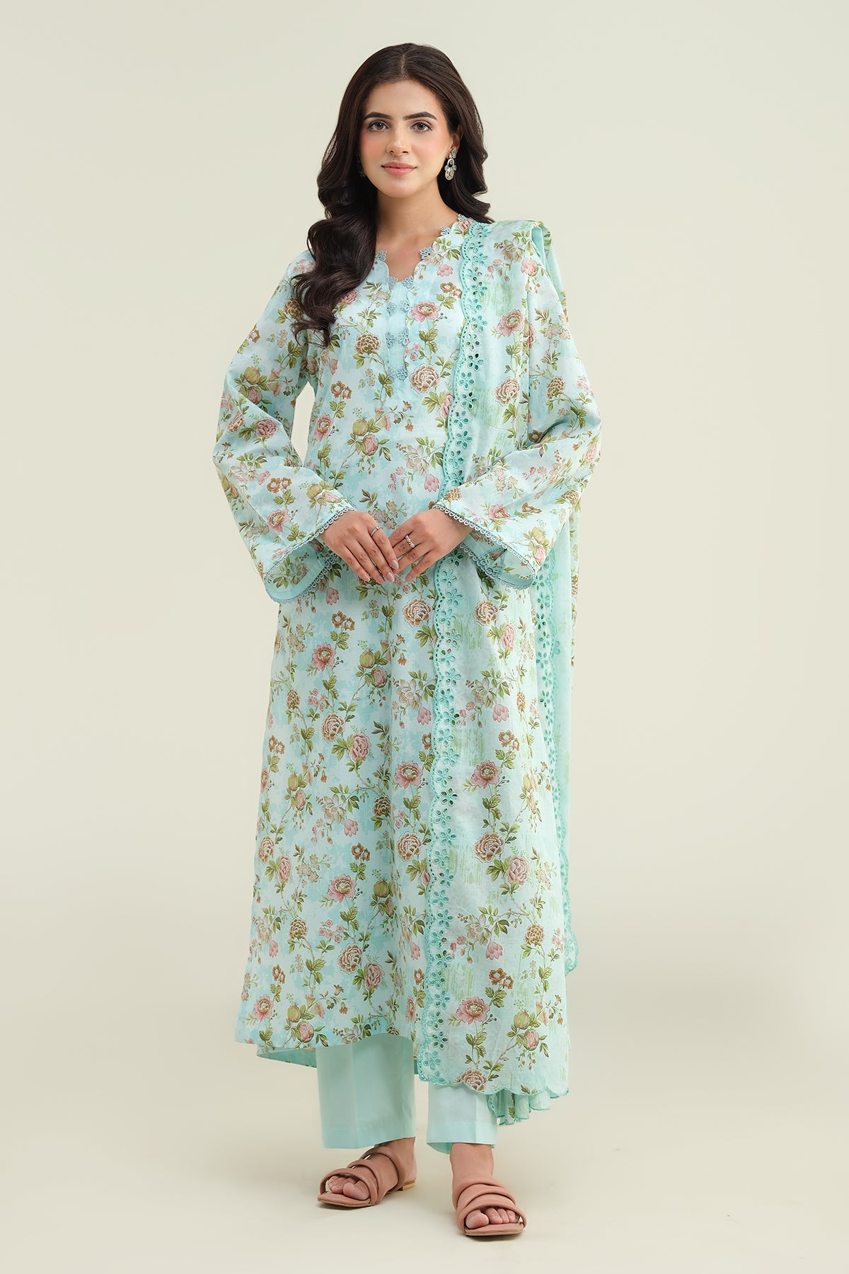 3 Piece - Printed Embroidered Suit - C6222