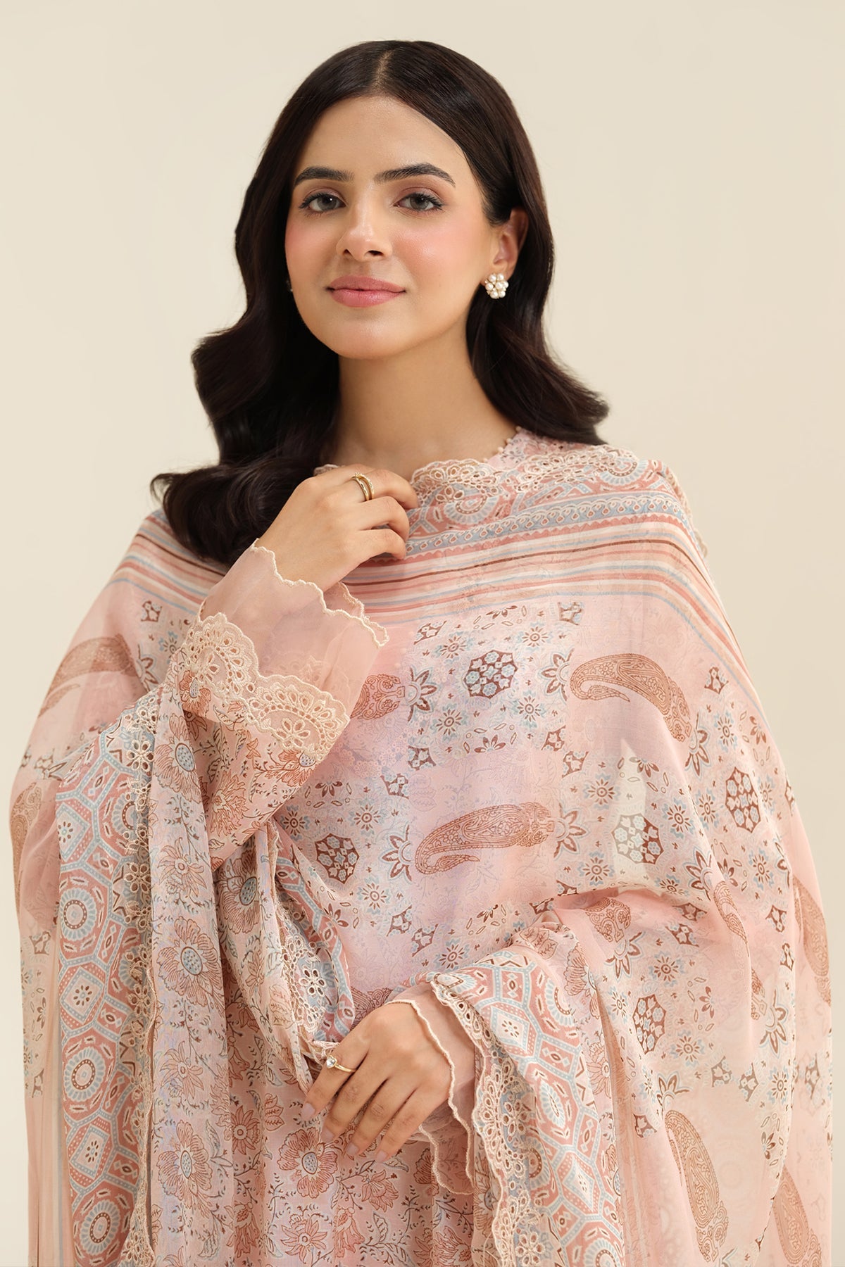 3 Piece - Printed & Embriodered Suit - C6229
