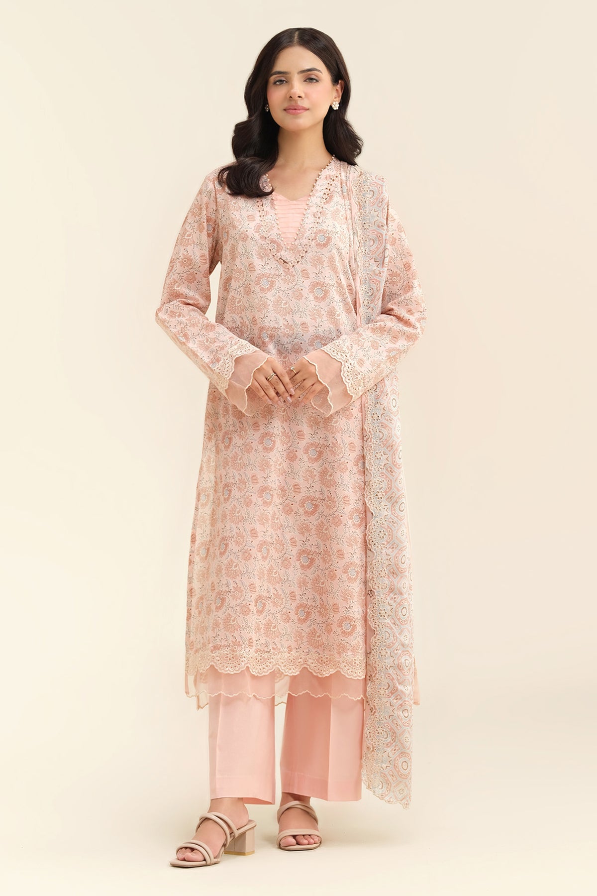 3 Piece - Printed & Embriodered Suit - C6229