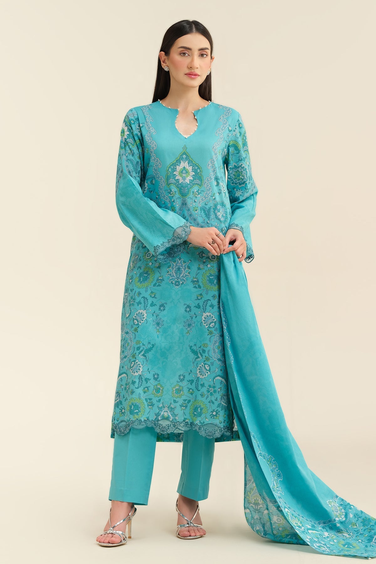 3 Piece - Printed & Embriodered Suit - C6276