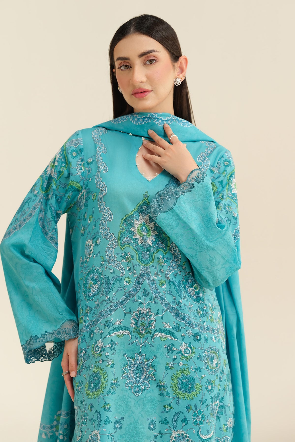 3 Piece - Printed & Embriodered Suit - C6276