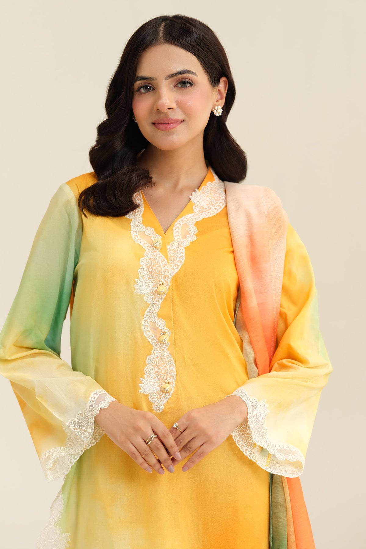 3 Piece - Printed & Embroidered Suit - C6299