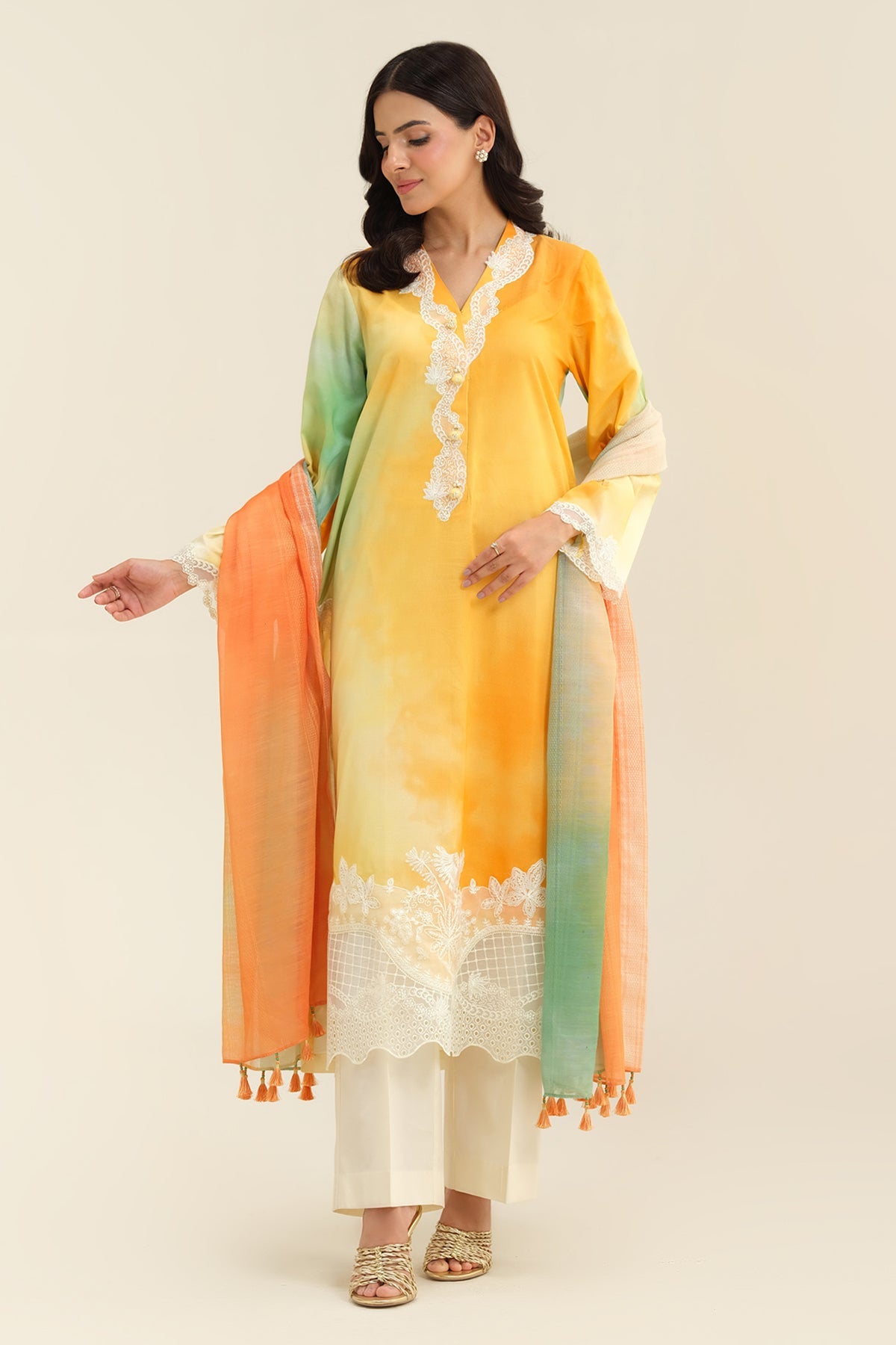 3 Piece - Printed & Embroidered Suit - C6299