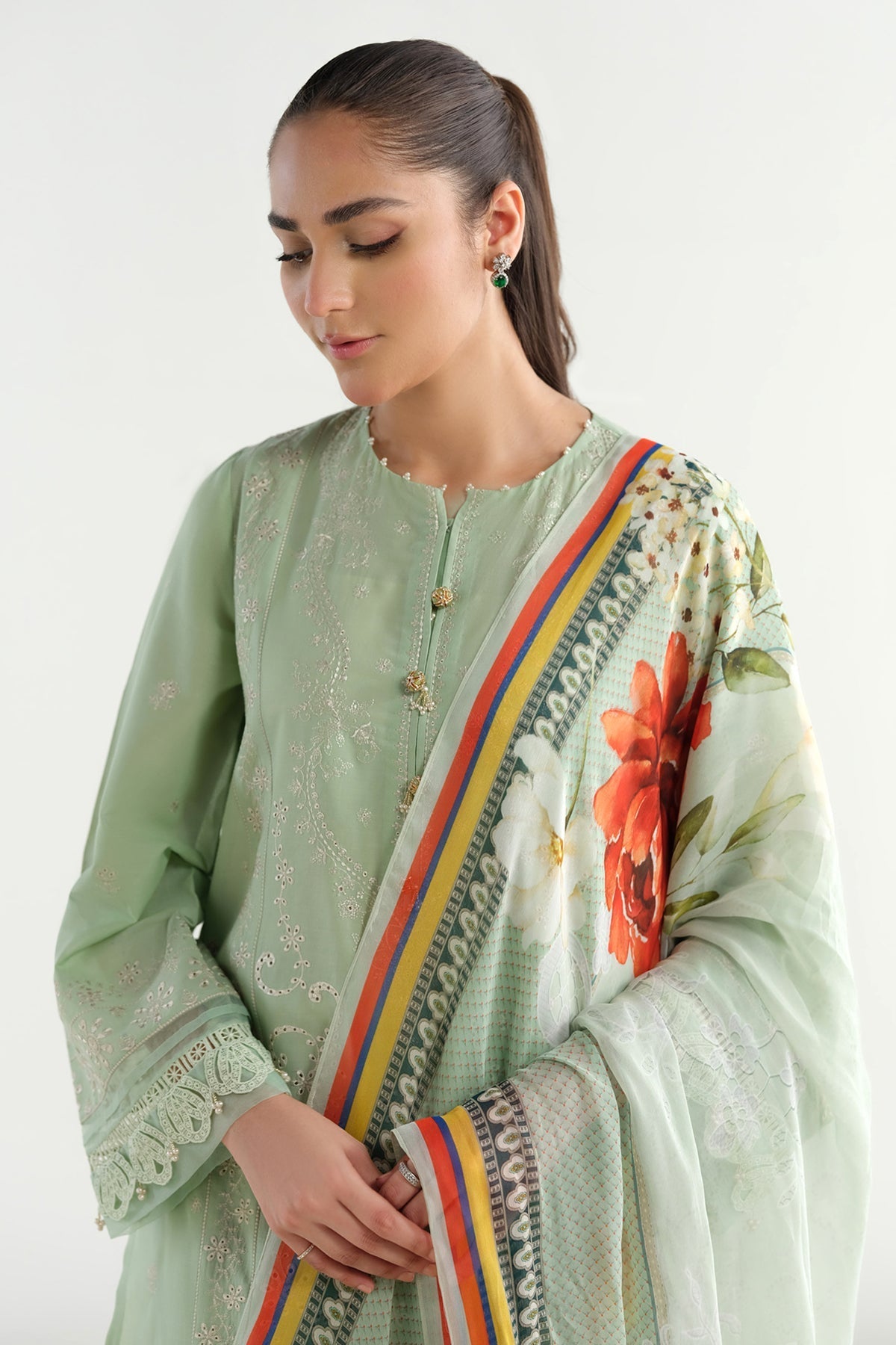 3 Piece - Printed & Embriodered Suit - C6230