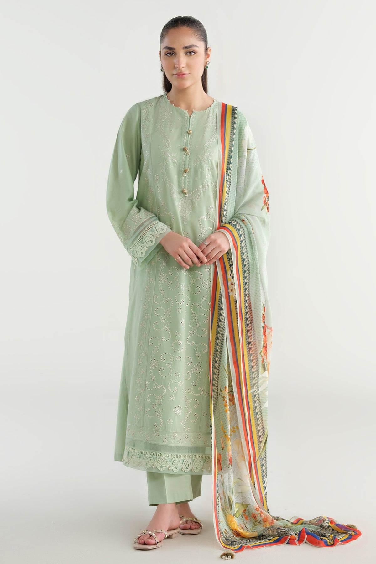 3 Piece - Printed & Embriodered Suit - C6230