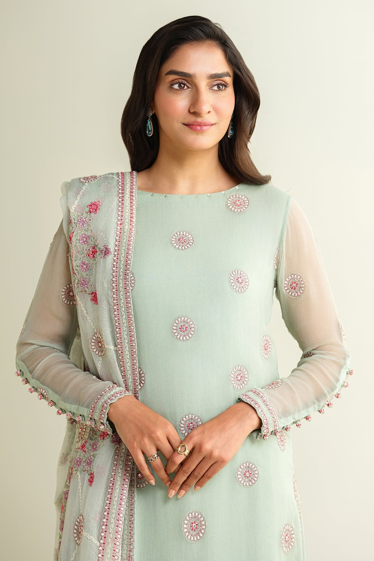 3 Piece - Embroidered Embellished Suit - E1634