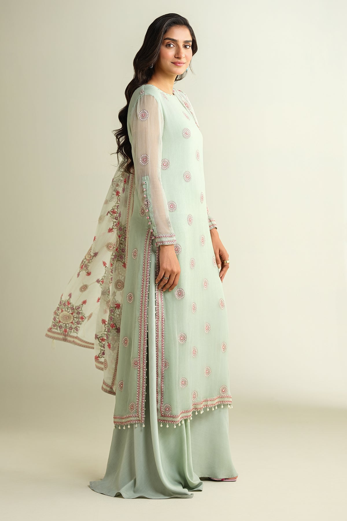 3 Piece - Embroidered Embellished Suit - E1634