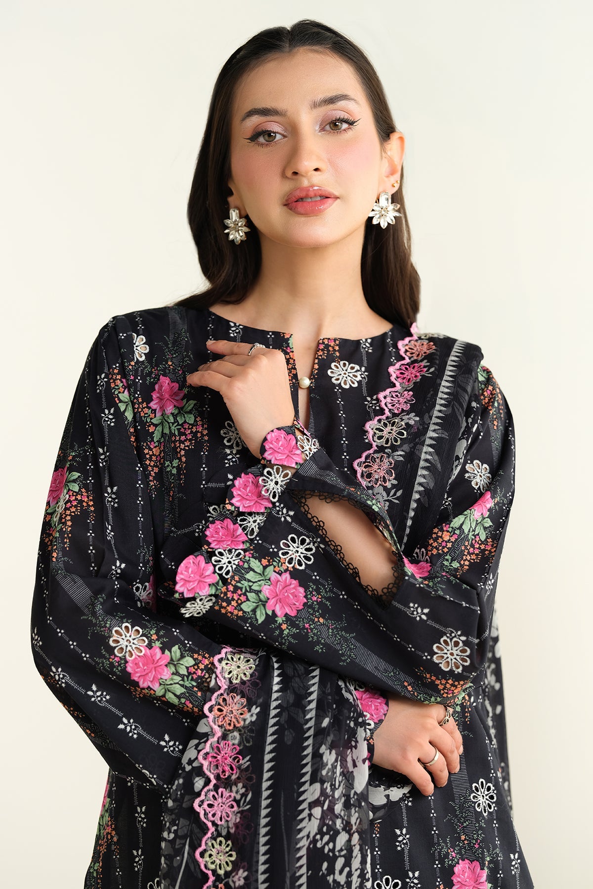 3 Piece - Printed & Embroidered Suit - E1688