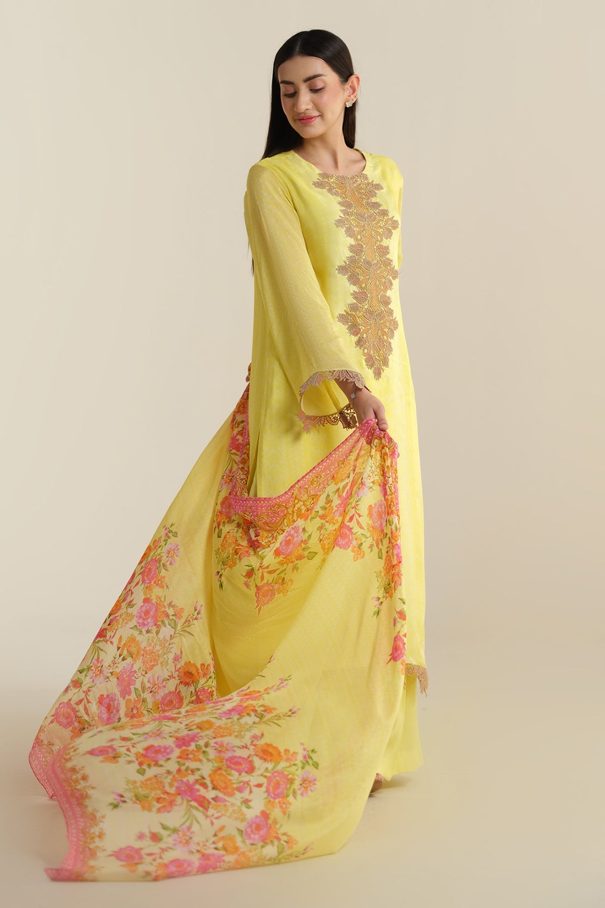 3 piece - Printed & Embroidered Suit - E1717