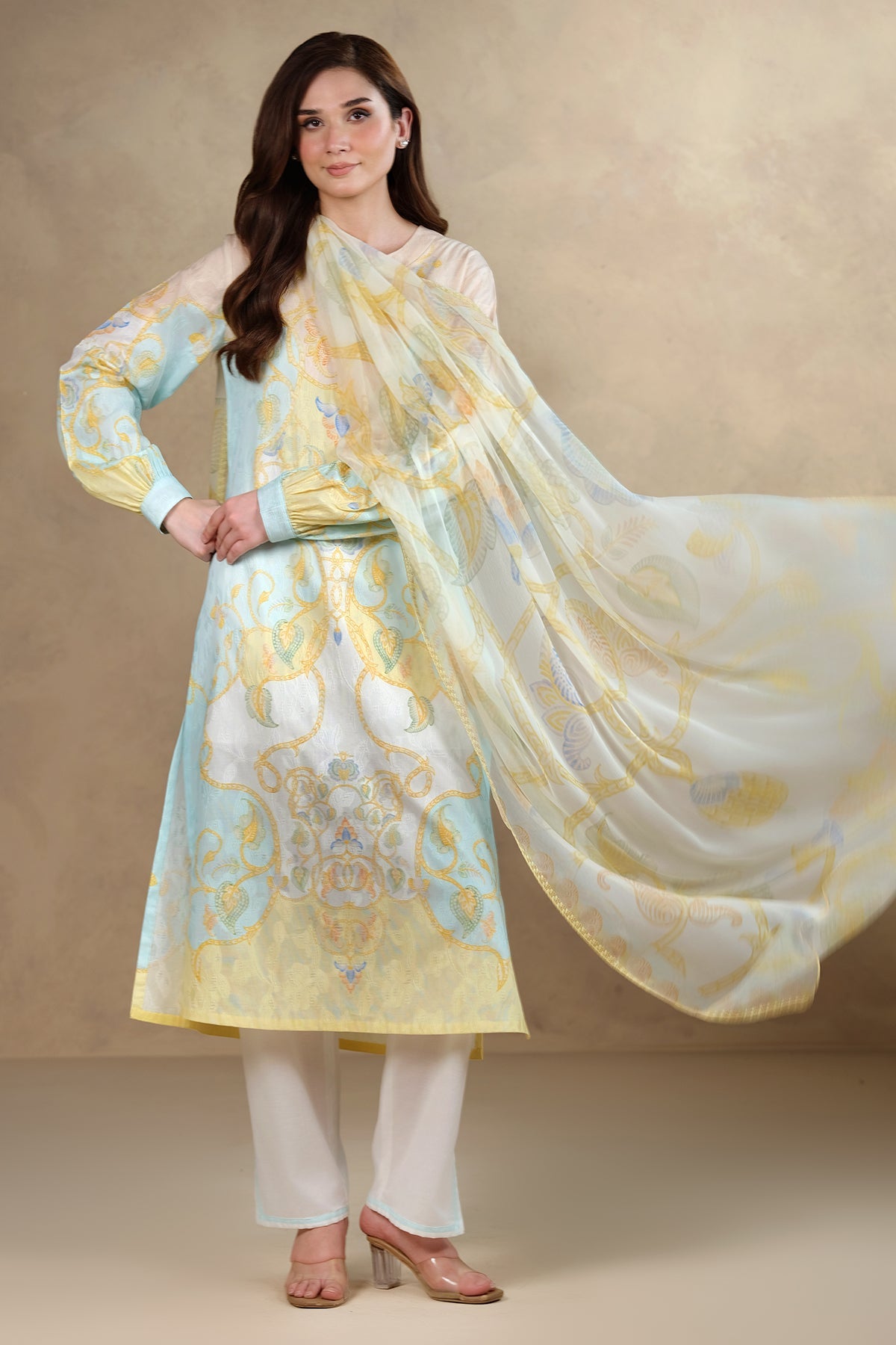 3 Piece - Digital Printed & Embroidered Suit - MC1804
