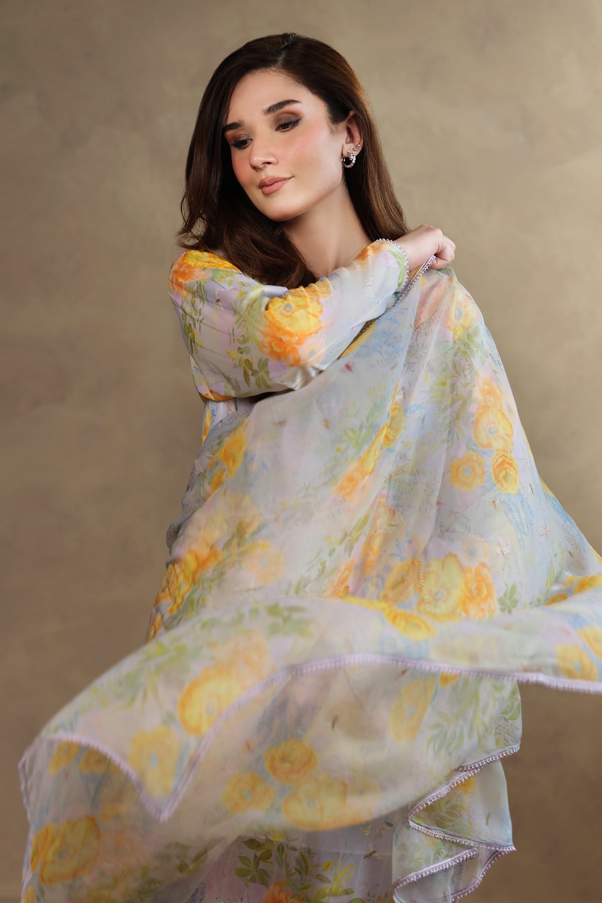 3 Piece - Printed & Embroidered Suit - MC1819