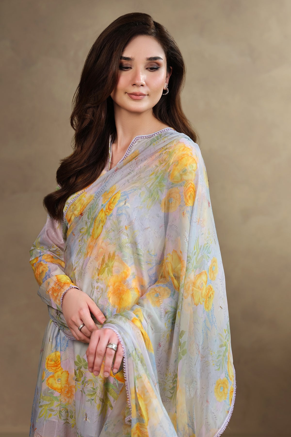 3 Piece - Printed & Embroidered Suit - MC1819