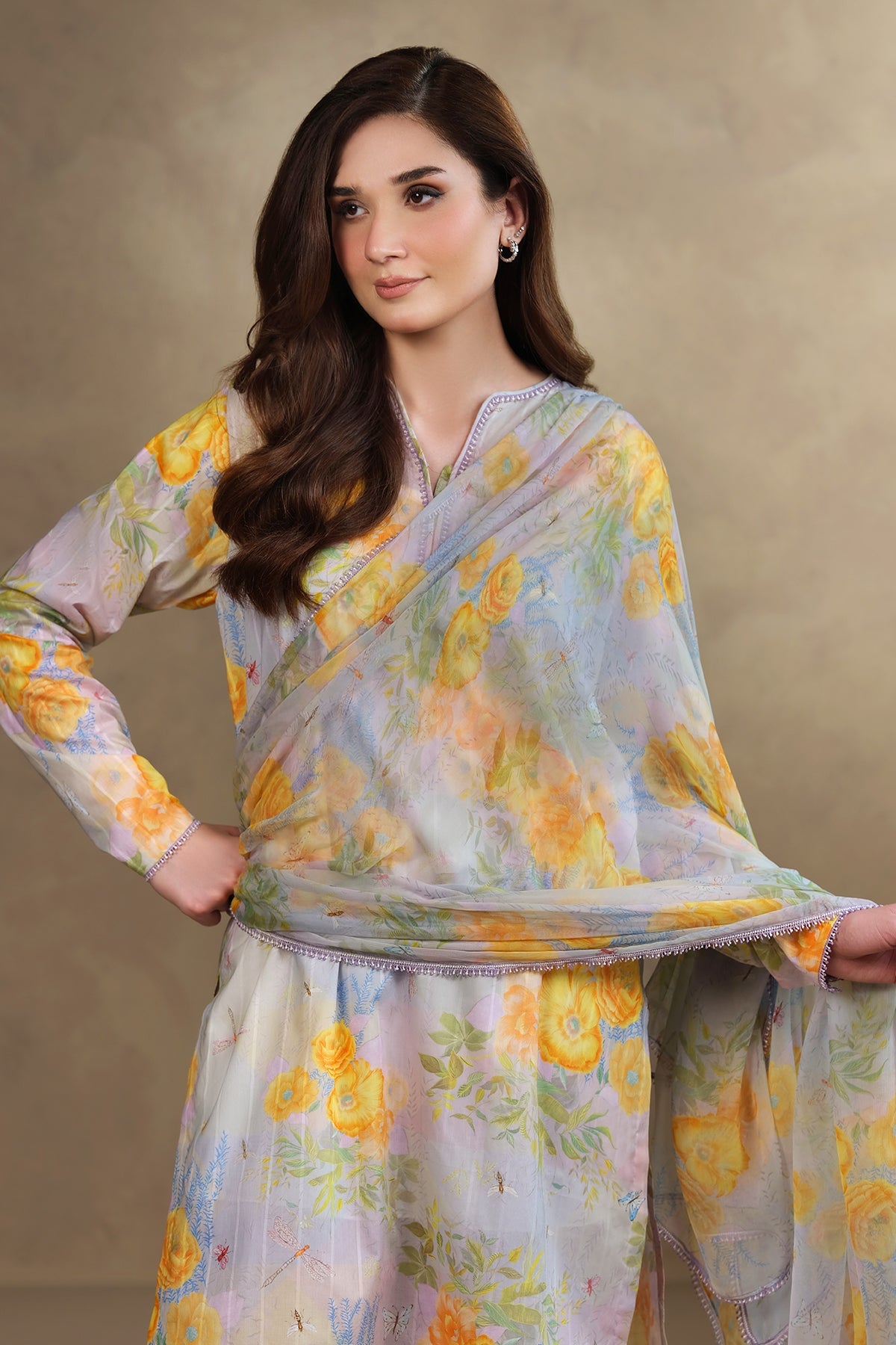 3 Piece - Printed & Embroidered Suit - MC1819