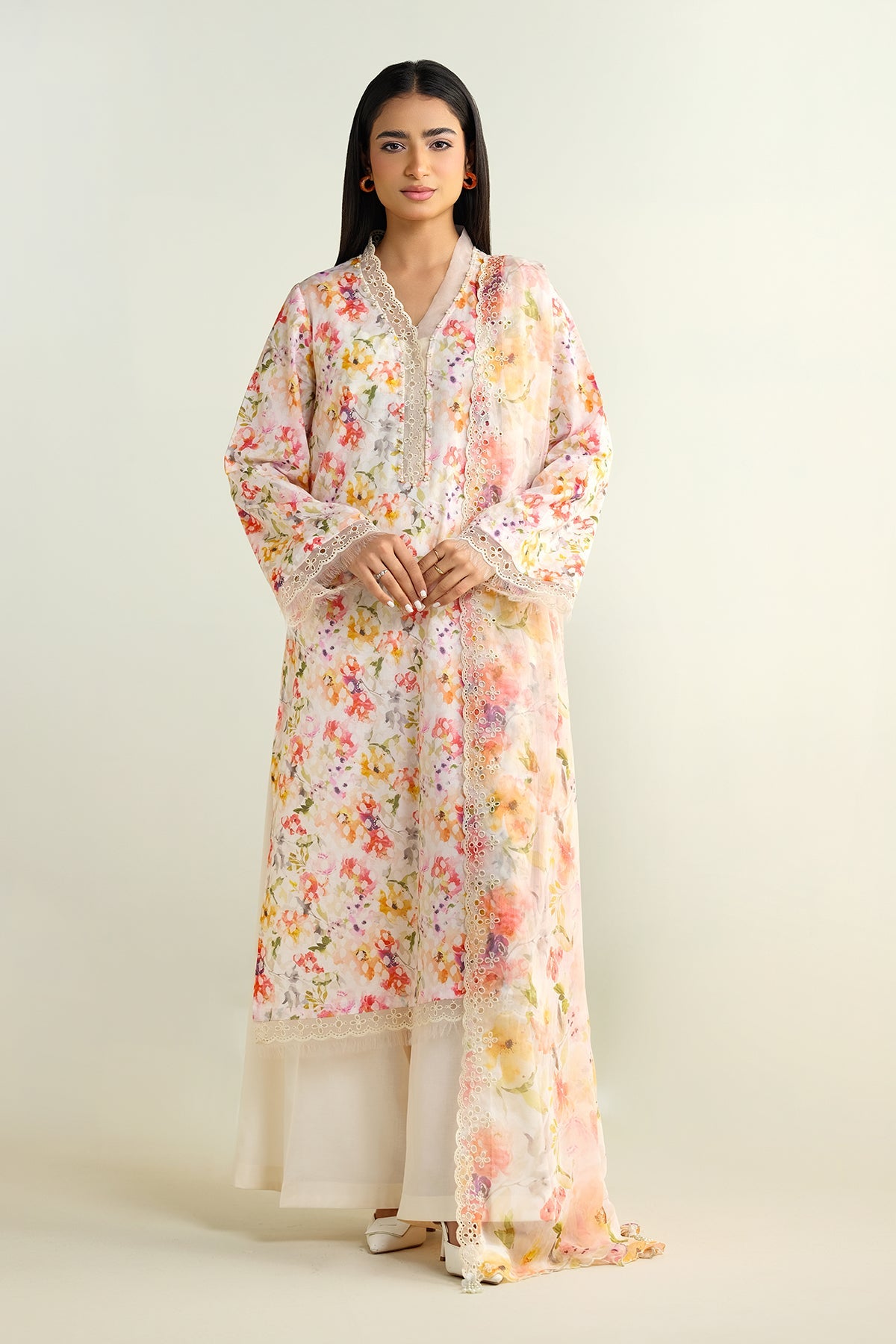 3 Piece - Printed Embroidered Suit - C6134