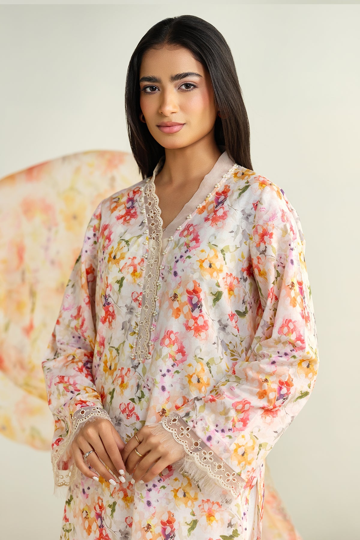 3 Piece - Printed Embroidered Suit - C6134