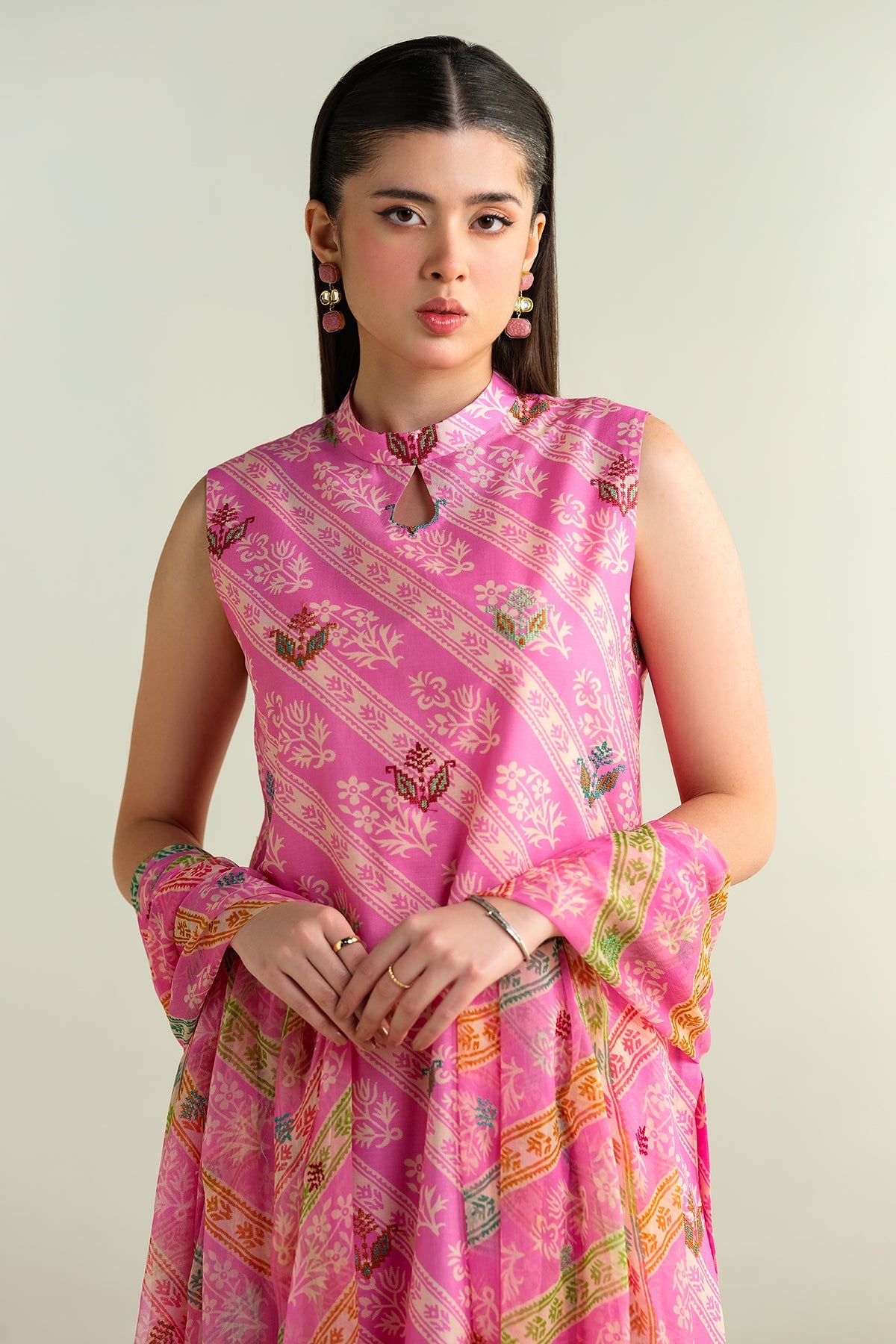 3 Piece - Printed Embroidered Suit - E1689