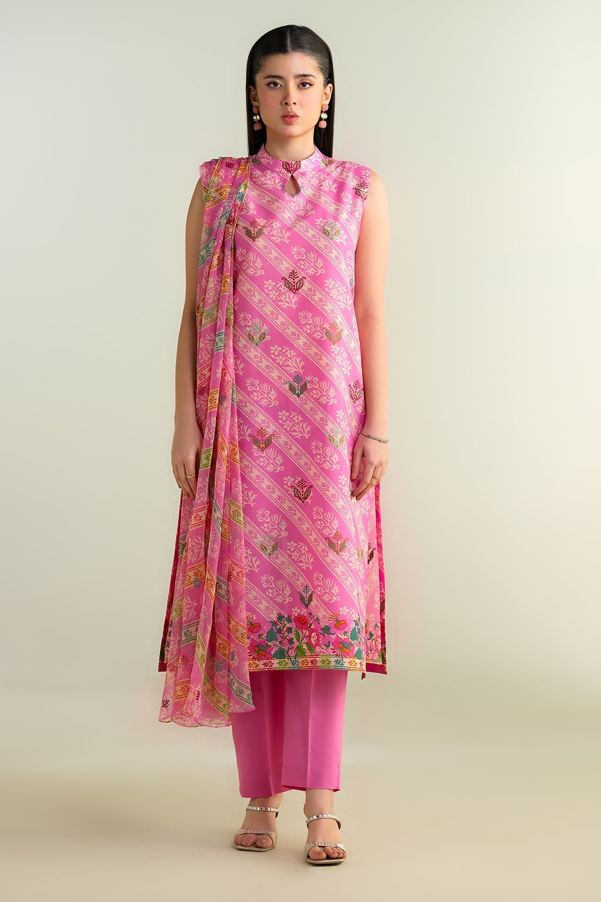 3 Piece - Printed Embroidered Suit - E1689