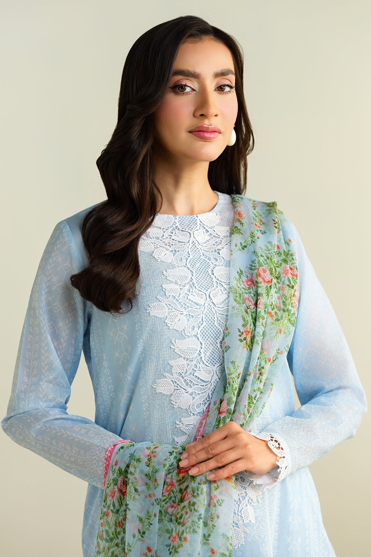 3 Piece - Printed Embroidered Suit - E1691