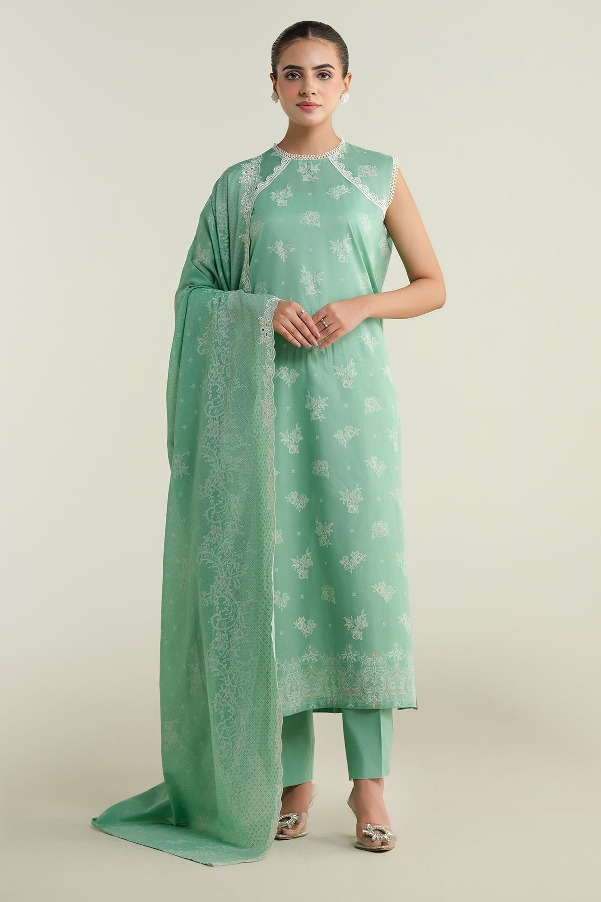 3 Piece - Printed & Embroidered Suit - C6216