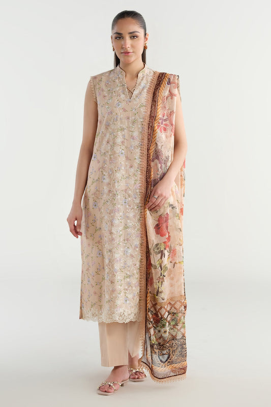 3 Piece - Printed & Embriodered Suit - C6244