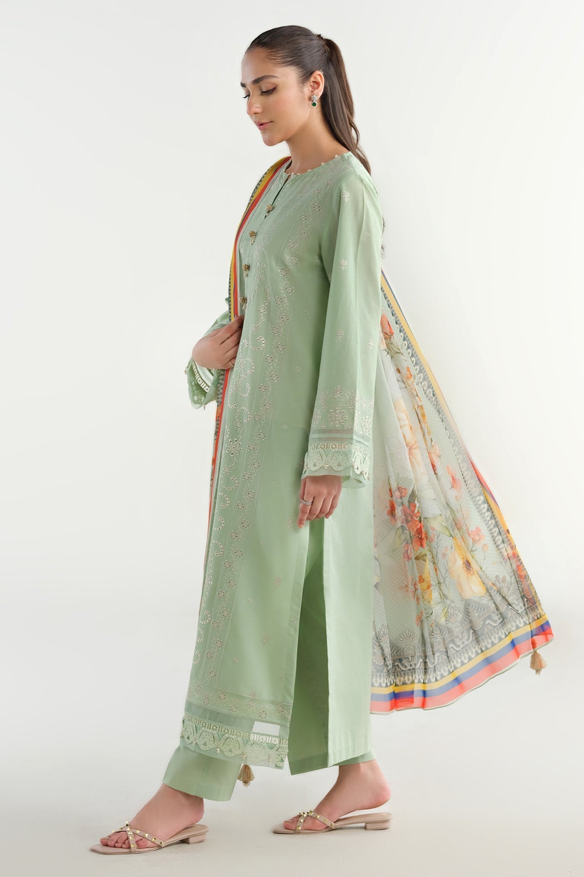 3 Piece - Printed & Embriodered Suit - C6230