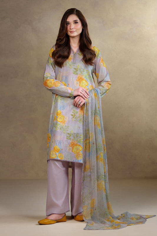 3 Piece - Printed & Embroidered Suit - MC1819